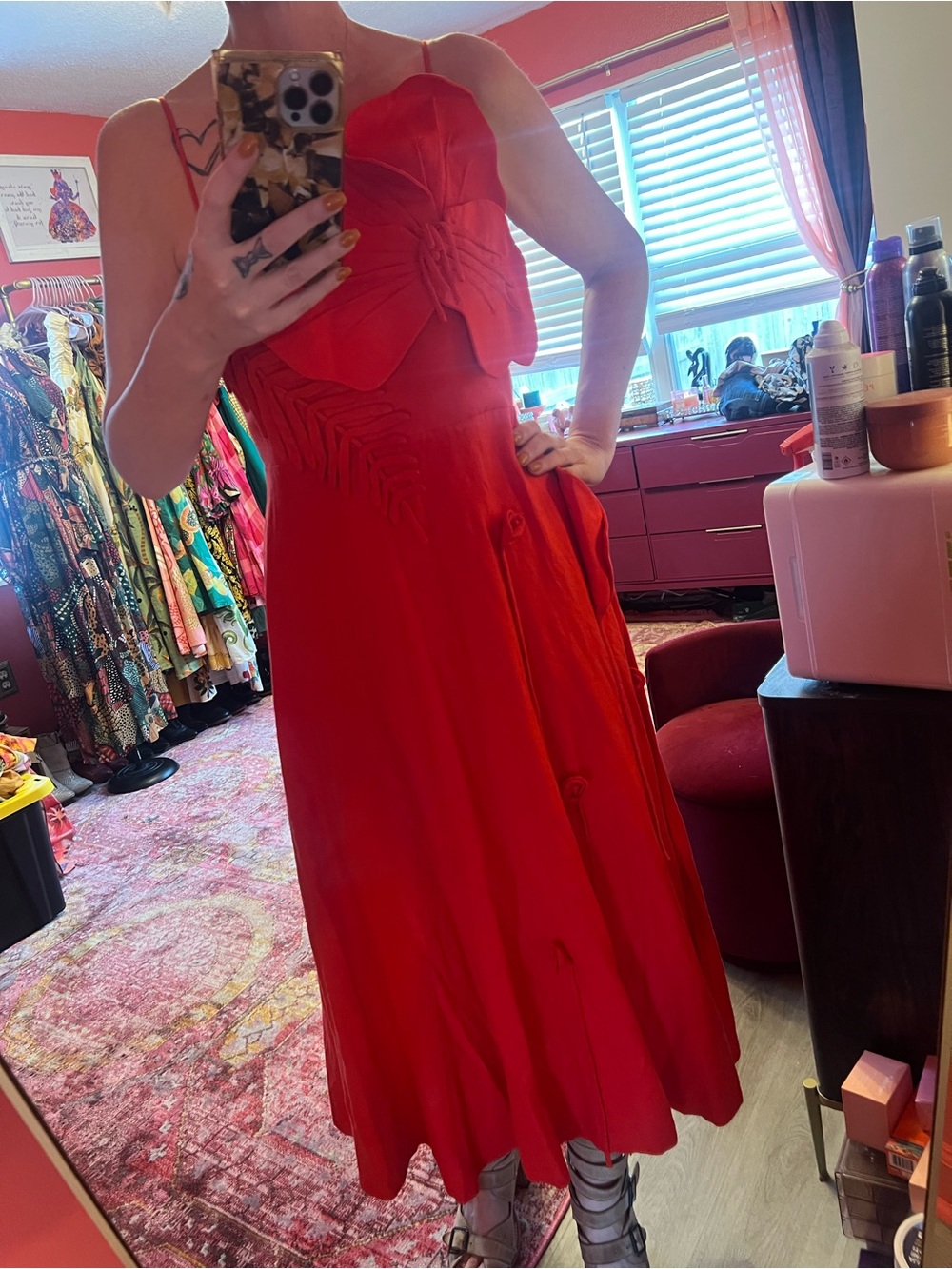 FARM Rio Red Strapless Midi Dress 3d floral